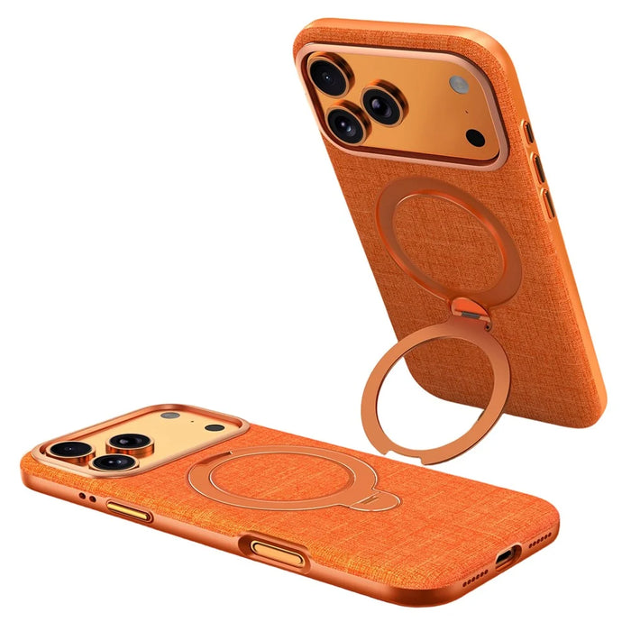 JAUCASE For iPhone 17 Pro Max Magnetic Case Linen Texture Rotary Ring Kickstand PC + TPU Phone Cover - Orange - 1