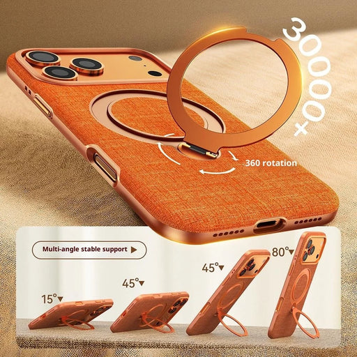 JAUCASE For iPhone 17 Pro Max Magnetic Case Linen Texture Rotary Ring Kickstand PC + TPU Phone Cover - Orange - 2