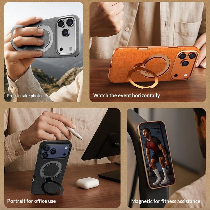 JAUCASE For iPhone 17 Pro Max Magnetic Case Linen Texture Rotary Ring Kickstand PC + TPU Phone Cover - Orange - 3