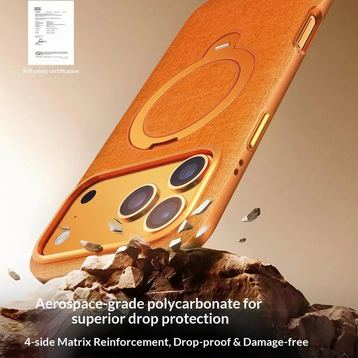 JAUCASE For iPhone 17 Pro Max Magnetic Case Linen Texture Rotary Ring Kickstand PC + TPU Phone Cover - Orange - 5