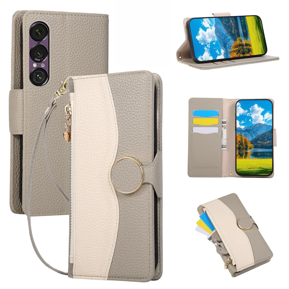 For Sony Xperia 1 VII Case Zipper Wallet Color Splicing TPU PU Leather Flip Phone Cover with Strap - Grey - 1