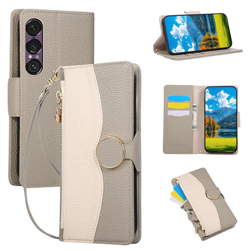 For Sony Xperia 1 VII Case Zipper Wallet Color Splicing TPU PU Leather Flip Phone Cover with Strap - Grey - 1