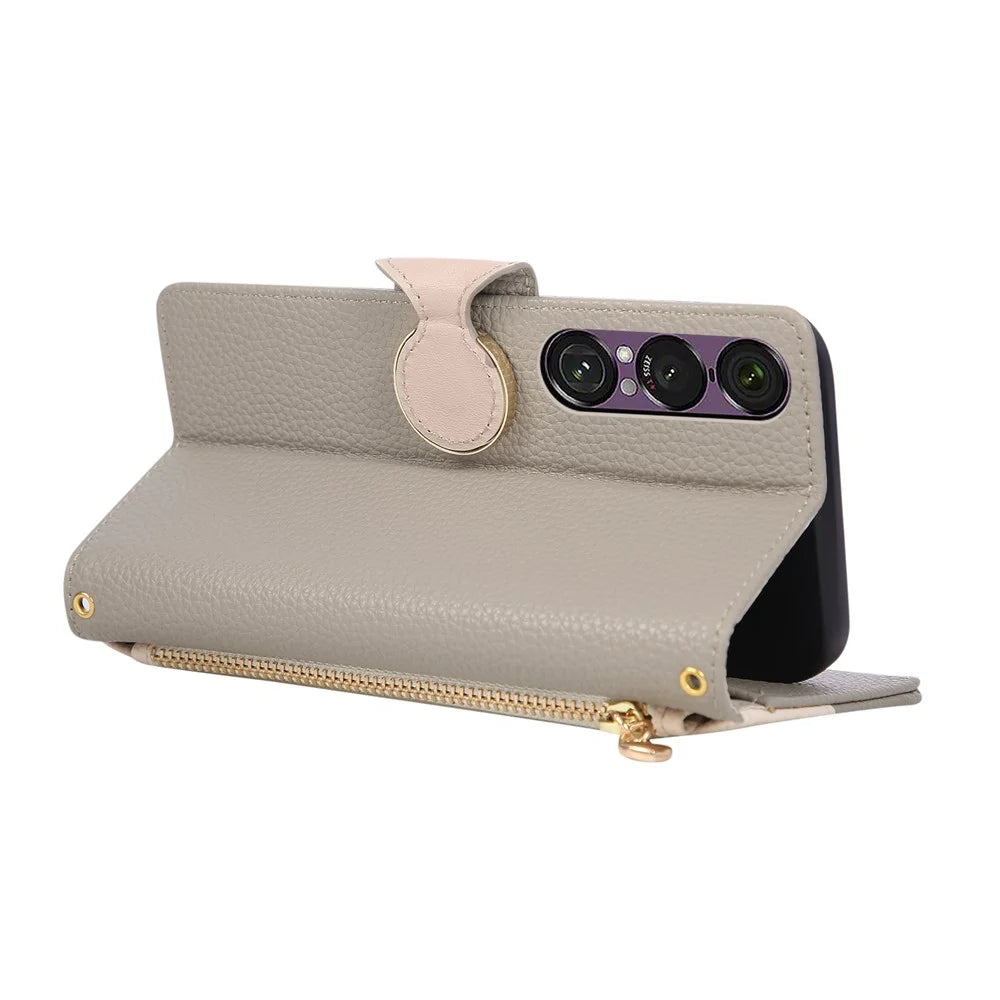 For Sony Xperia 1 VII Case Zipper Wallet Color Splicing TPU PU Leather Flip Phone Cover with Strap - Grey - 4