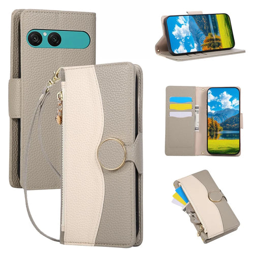 For Sony Xperia 10 VII Case Zipper Wallet Color Splicing TPU PU Leather Flip Phone Cover with Strap - Grey - 1