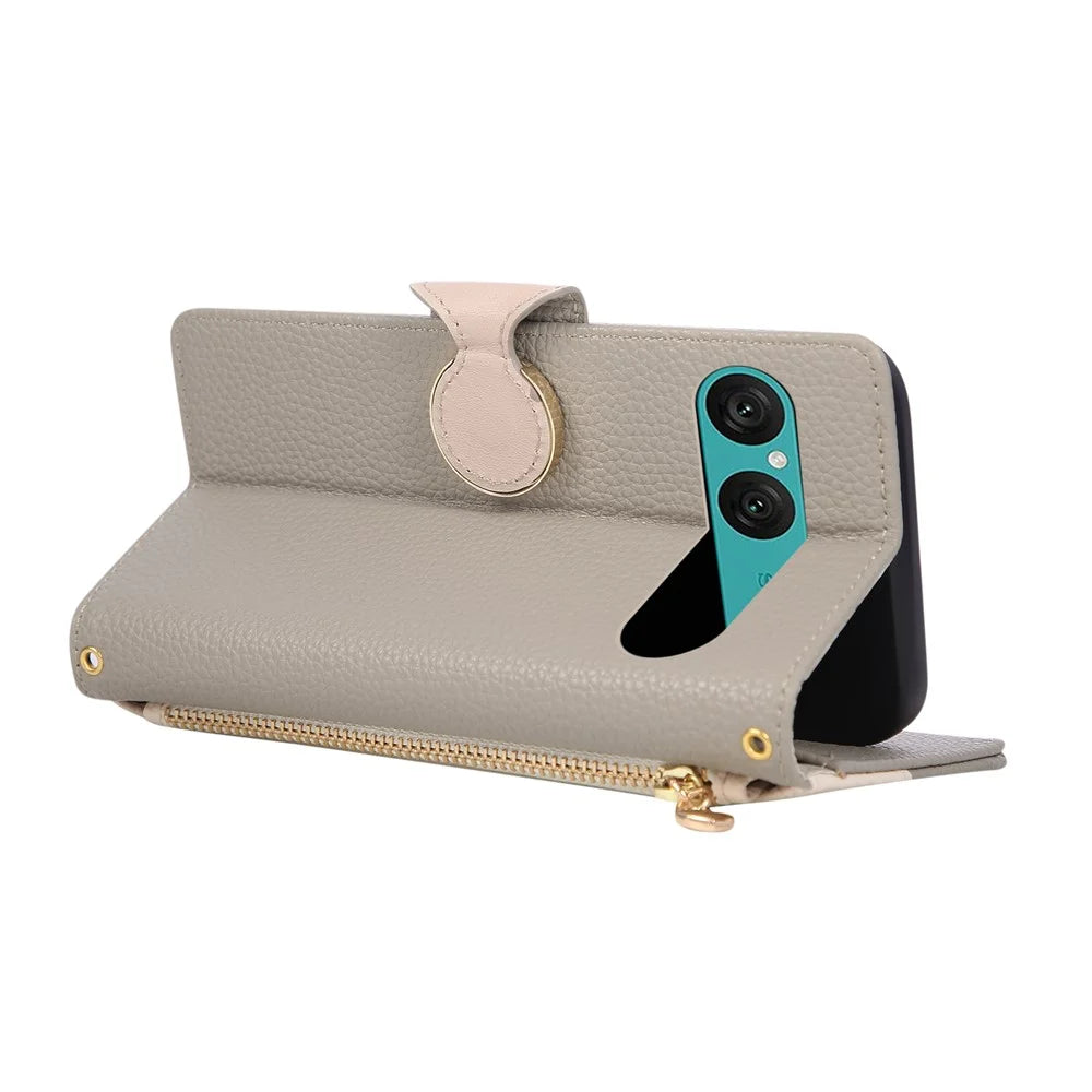 For Sony Xperia 10 VII Case Zipper Wallet Color Splicing TPU PU Leather Flip Phone Cover with Strap - Grey - 4