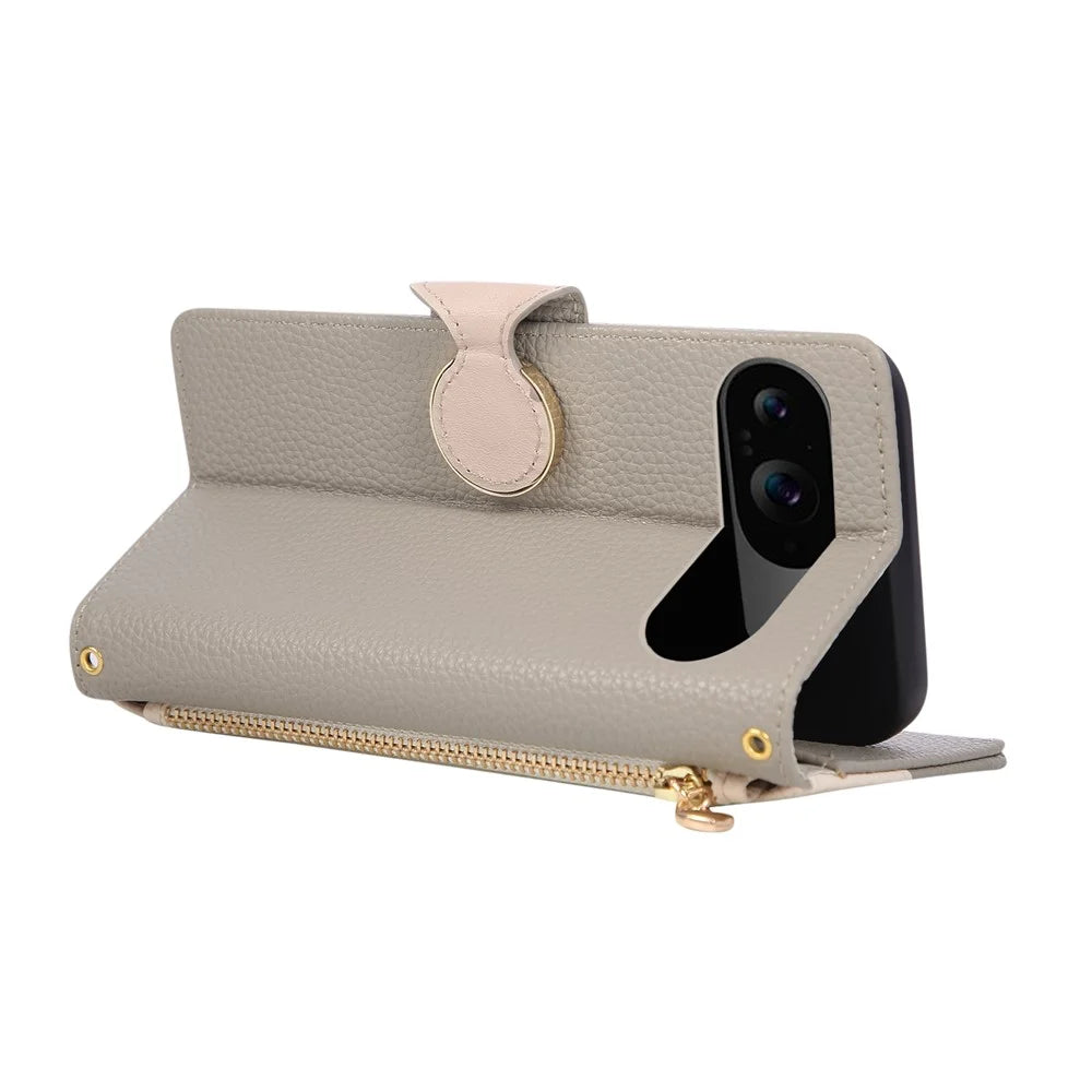 Phone Case For Google Pixel 10  /  10 Pro Zipper Wallet Color Splicing TPU PU Leather Flip Phone Cover with Strap - Grey - 4