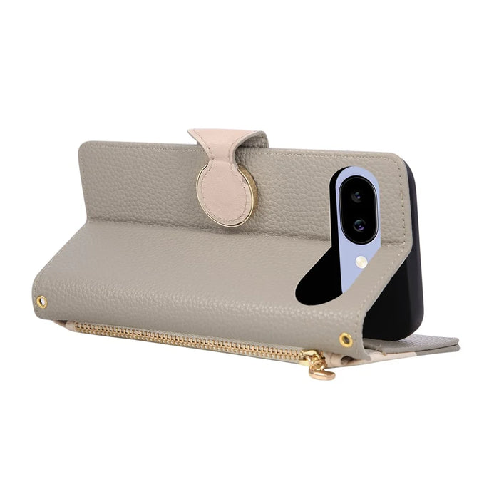 For Google Pixel 9a Case Zipper Wallet Color Splicing TPU PU Leather Flip Phone Cover with Strap - Grey - 4