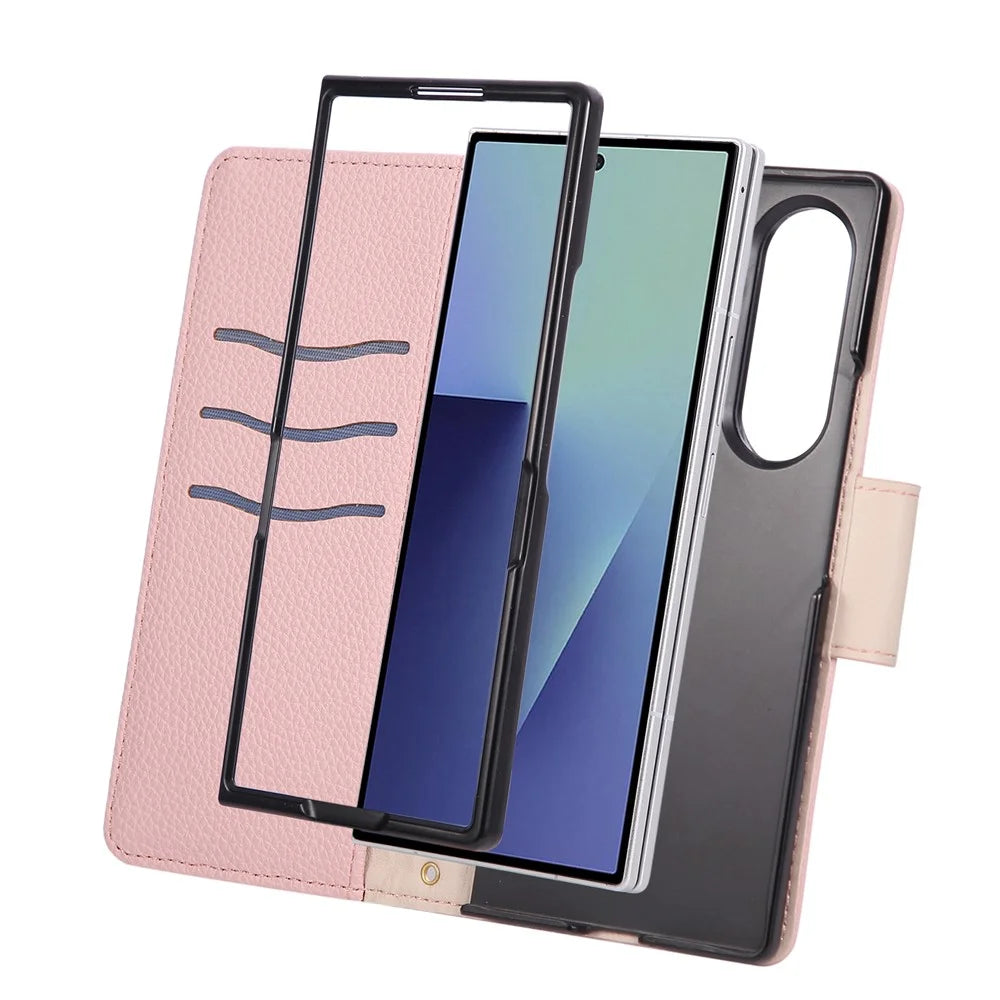For Samsung Galaxy Z Fold7 5G Case Zipper Wallet Color Splicing TPU PU Leather Flip Phone Cover with Strap - Pink - 5