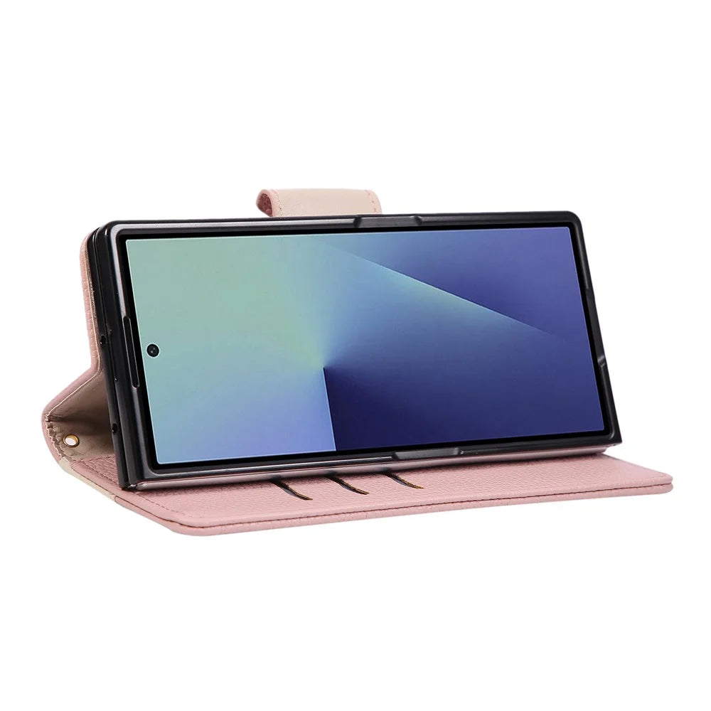 For Samsung Galaxy Z Fold6 5G Case Zipper Wallet Color Splicing TPU PU Leather Flip Phone Cover with Strap - Pink - 2