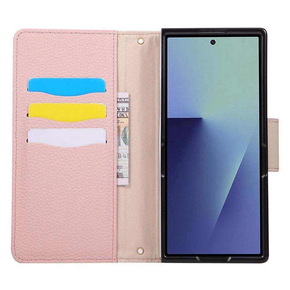 For Samsung Galaxy Z Fold6 5G Case Zipper Wallet Color Splicing TPU PU Leather Flip Phone Cover with Strap - Pink - 3