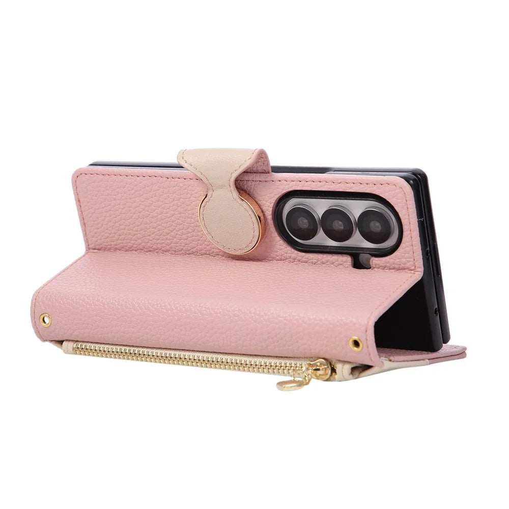 For Samsung Galaxy Z Fold6 5G Case Zipper Wallet Color Splicing TPU PU Leather Flip Phone Cover with Strap - Pink - 4