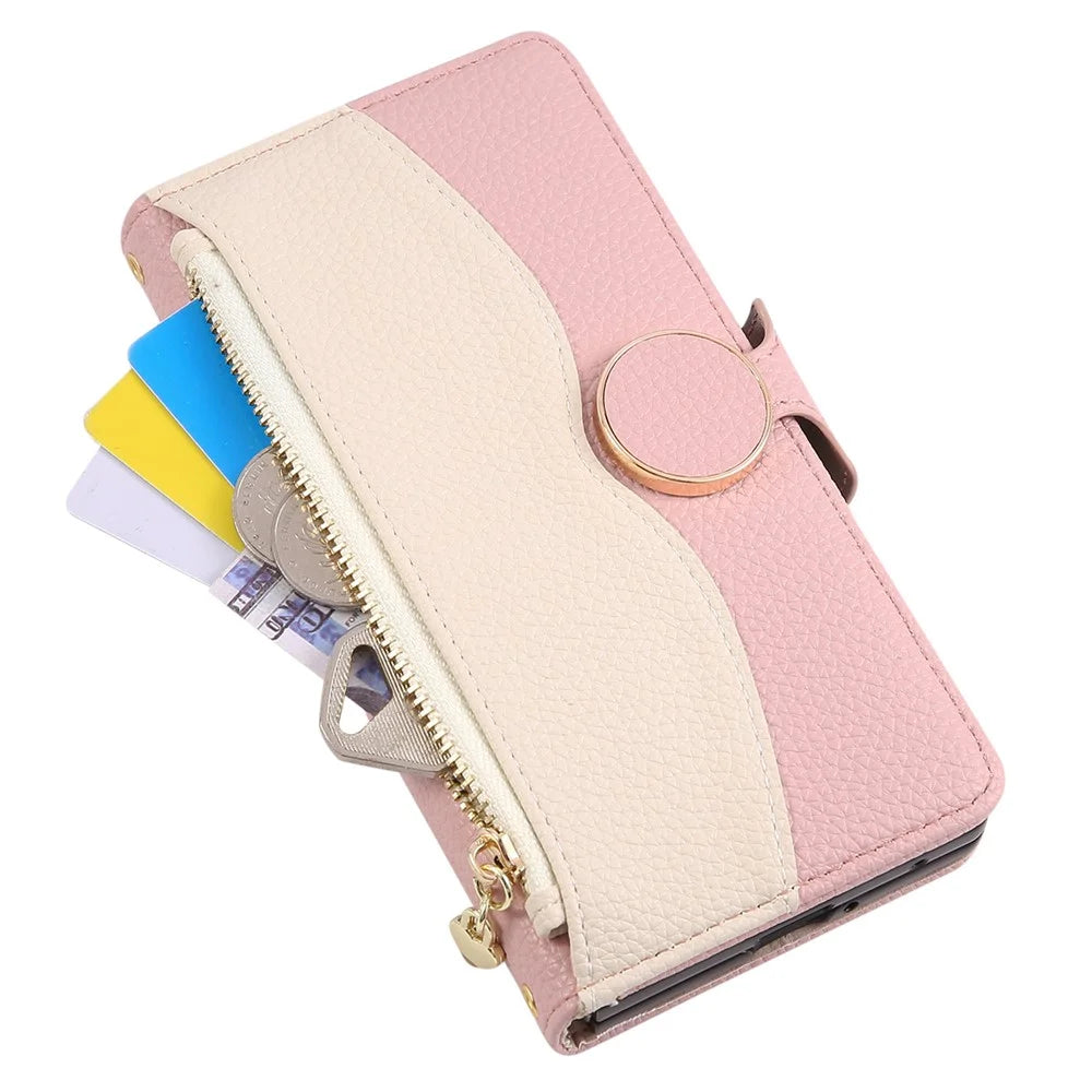 For Samsung Galaxy Z Fold6 5G Case Zipper Wallet Color Splicing TPU PU Leather Flip Phone Cover with Strap - Pink - 6