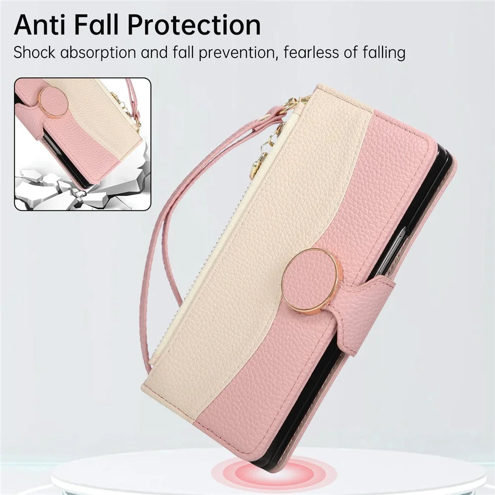 For Samsung Galaxy Z Fold6 5G Case Zipper Wallet Color Splicing TPU PU Leather Flip Phone Cover with Strap - Pink - 7