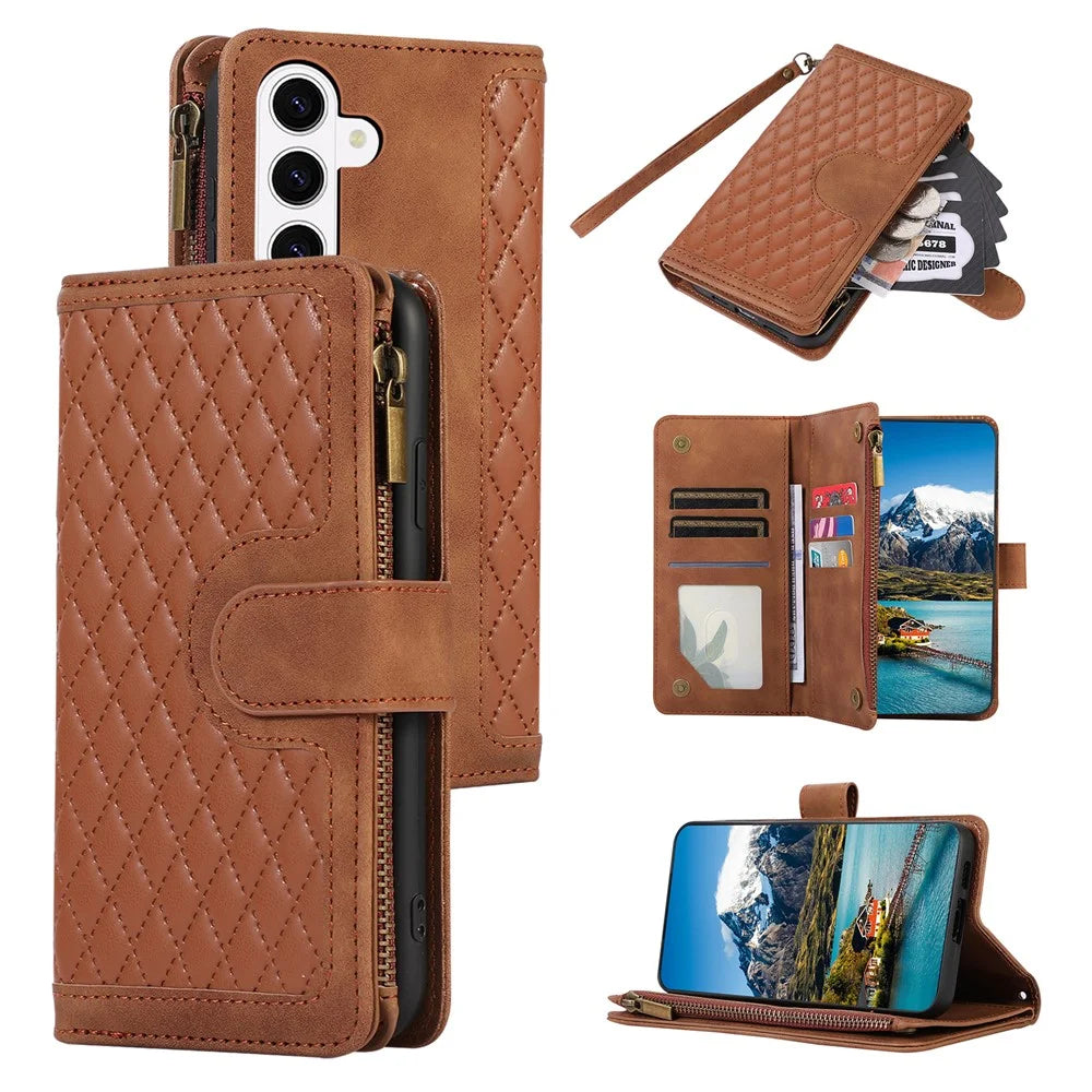 For Samsung Galaxy S26+ Case 9 Card Slots Rhombus Design Leather Phone Cover with Wrist Strap - Brown - 1