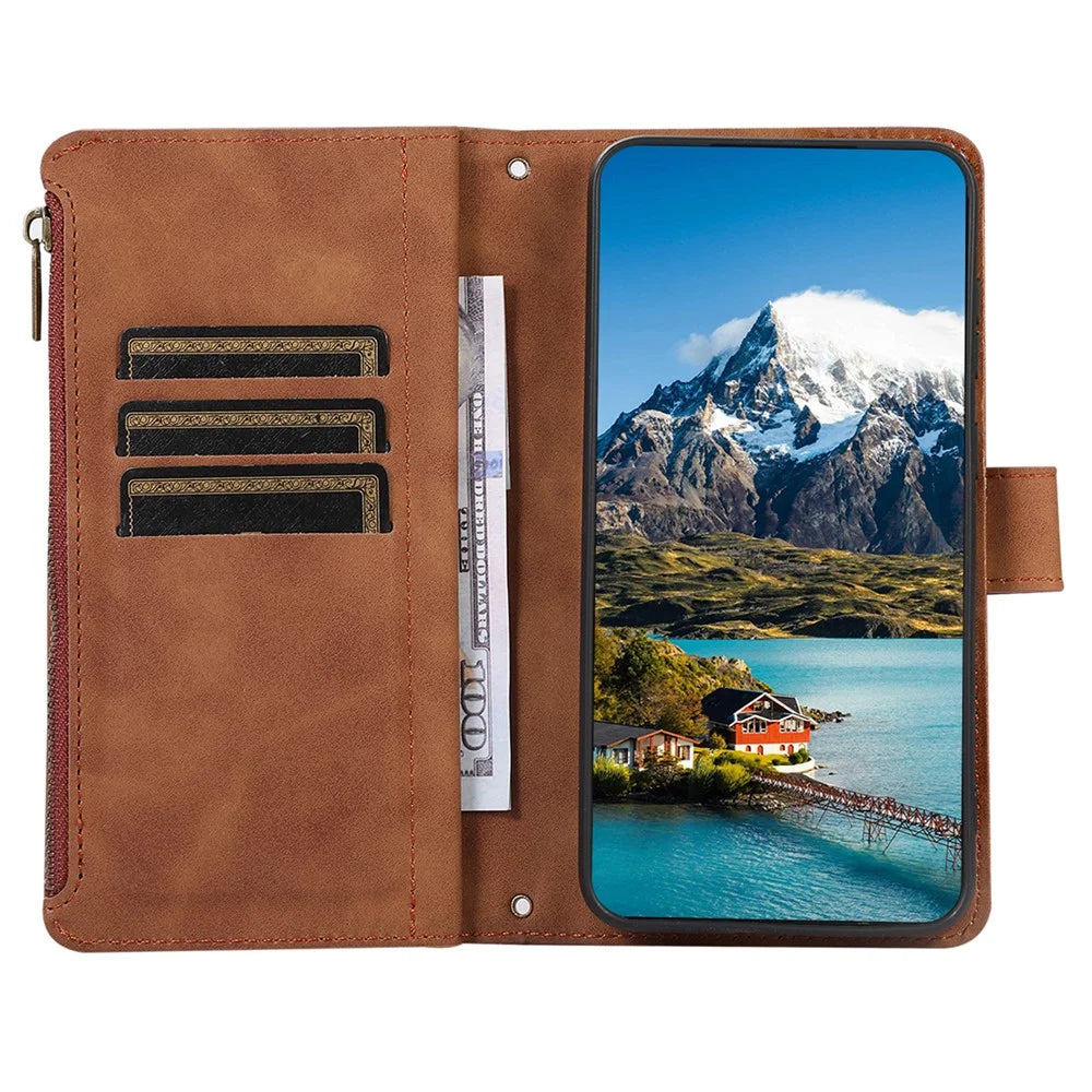 For Samsung Galaxy S26+ Case 9 Card Slots Rhombus Design Leather Phone Cover with Wrist Strap - Brown - 3