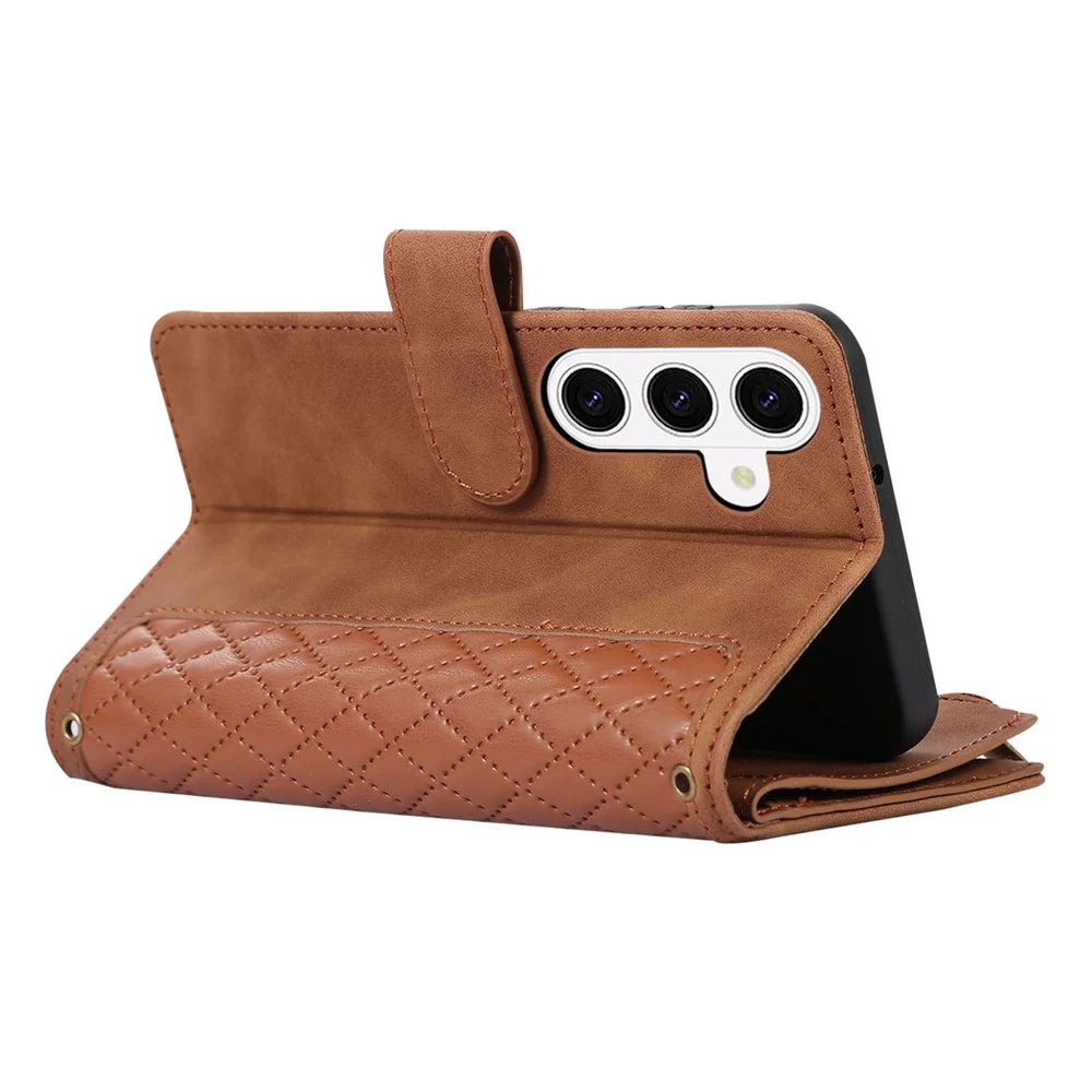 For Samsung Galaxy S26+ Case 9 Card Slots Rhombus Design Leather Phone Cover with Wrist Strap - Brown - 5