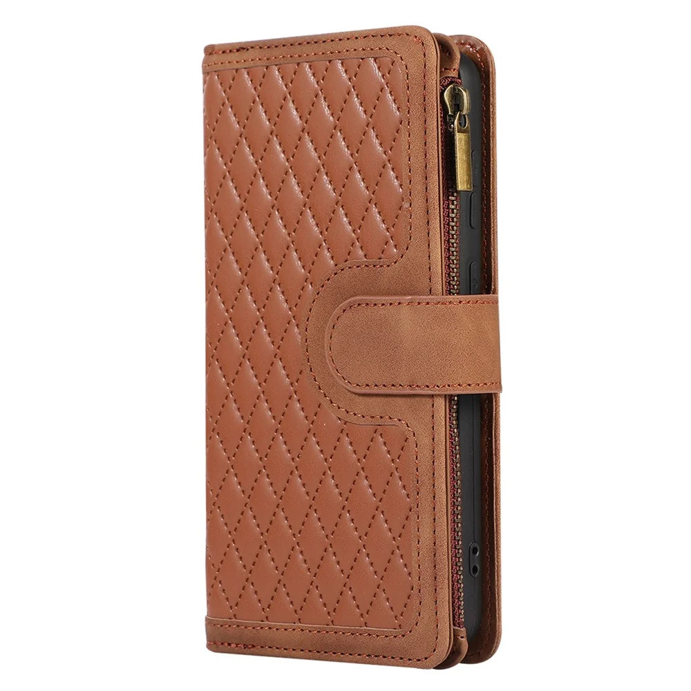 For Samsung Galaxy S26+ Case 9 Card Slots Rhombus Design Leather Phone Cover with Wrist Strap - Brown - 7