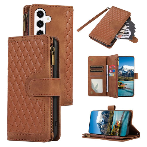 For Samsung Galaxy A37 5G Case 9 Card Slots Rhombus Design Leather Phone Cover with Wrist Strap - Brown - 1