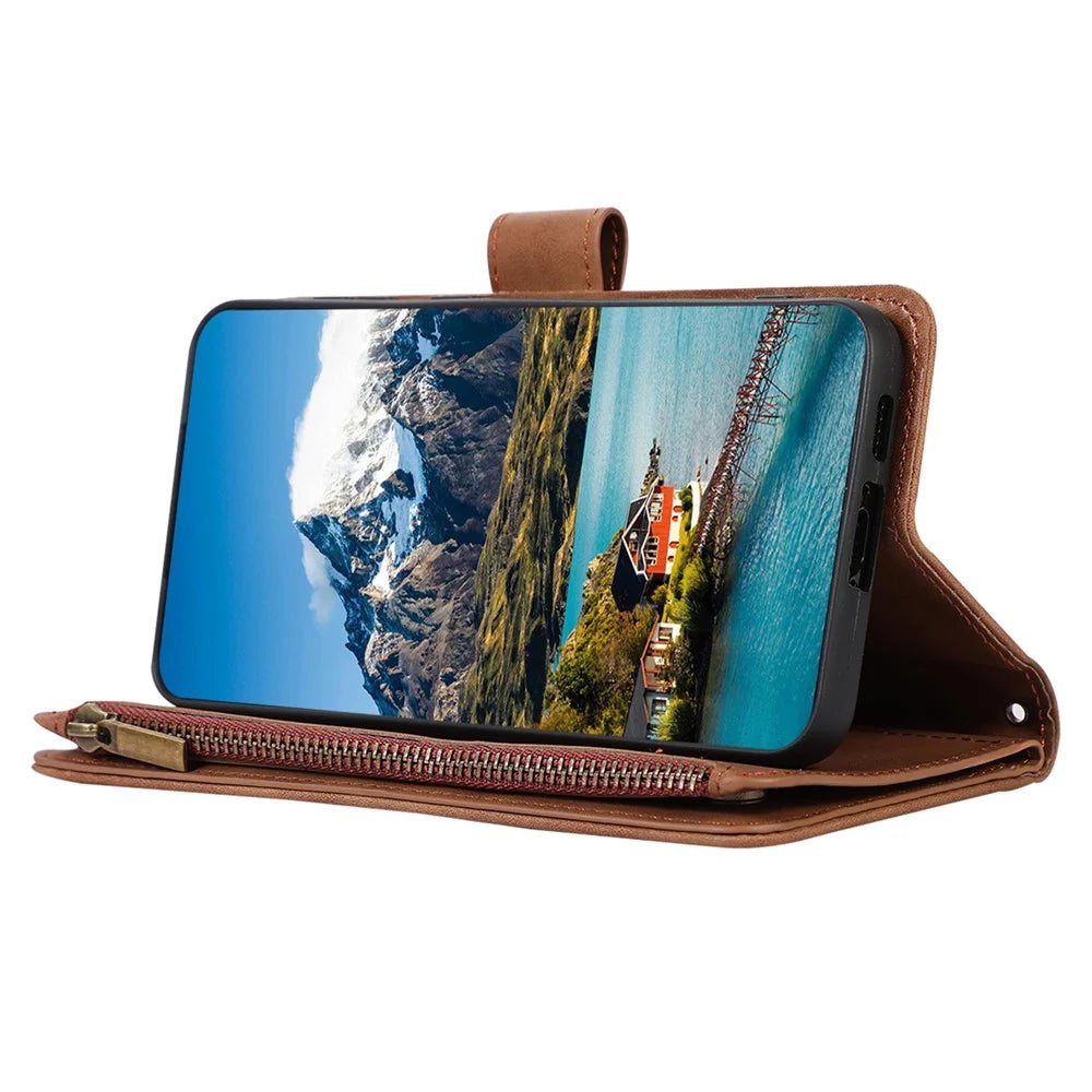 For Samsung Galaxy A37 5G Case 9 Card Slots Rhombus Design Leather Phone Cover with Wrist Strap - Brown - 2