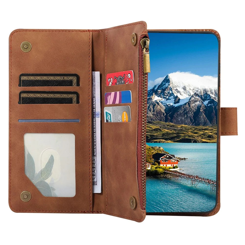 For Samsung Galaxy A57 5G Case 9 Card Slots Rhombus Design Leather Phone Cover with Wrist Strap - Brown - 4