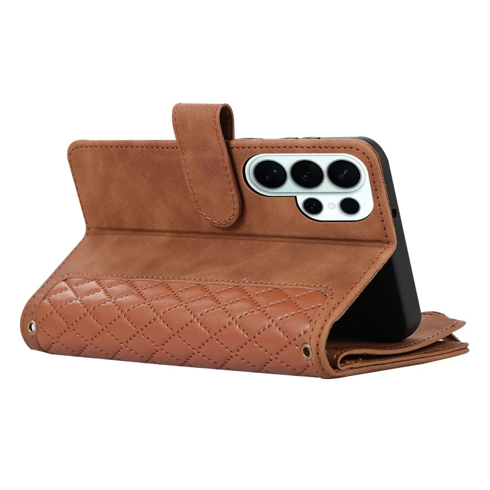 For Samsung Galaxy S26 Ultra Case 9 Card Slots Rhombus Design Leather Phone Cover with Wrist Strap - Brown - 5