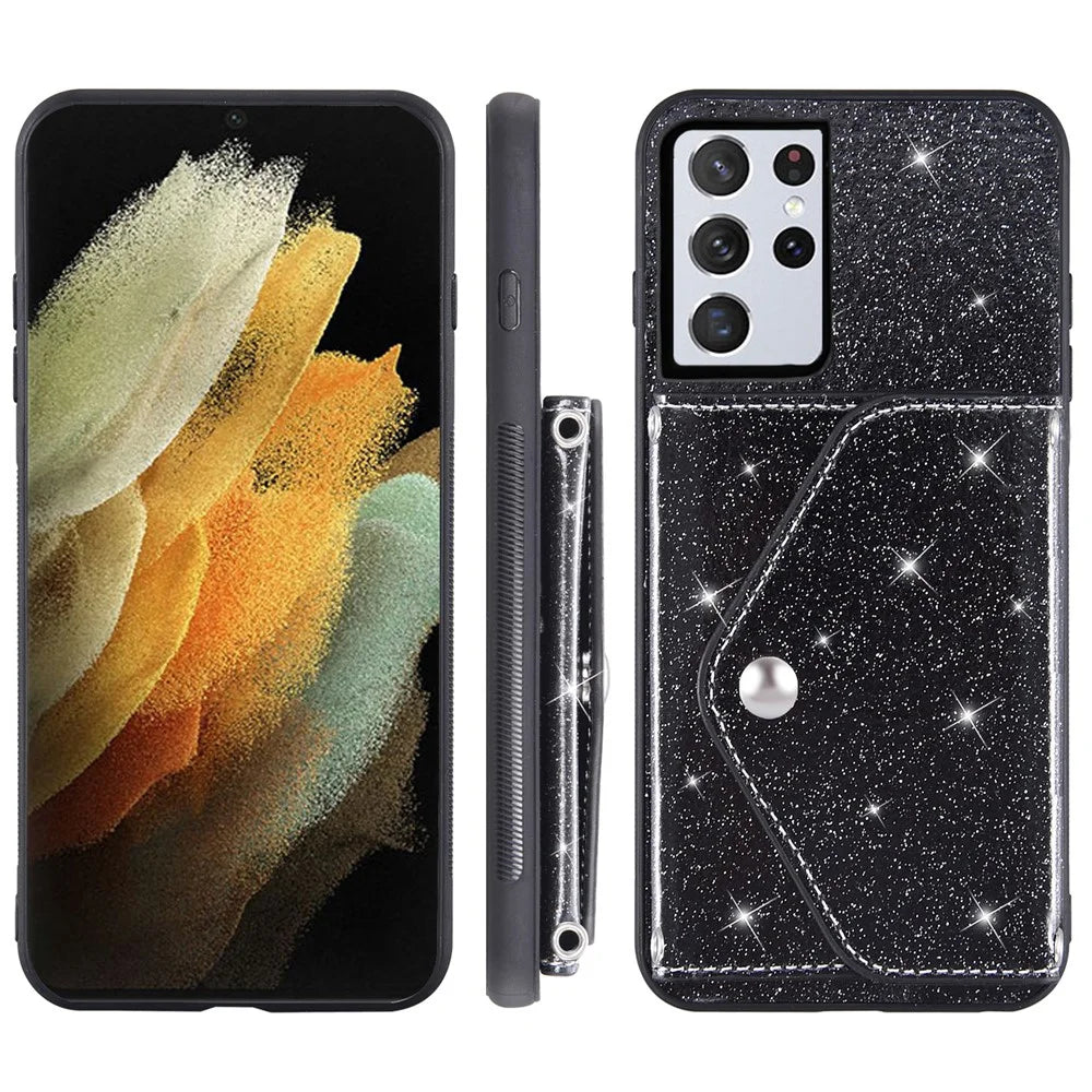 For Samsung Galaxy S26 Ultra Case Card Holder Kickstand PU Leather + TPU Glitter Phone Cover with Shoulder Strap - Black - 7
