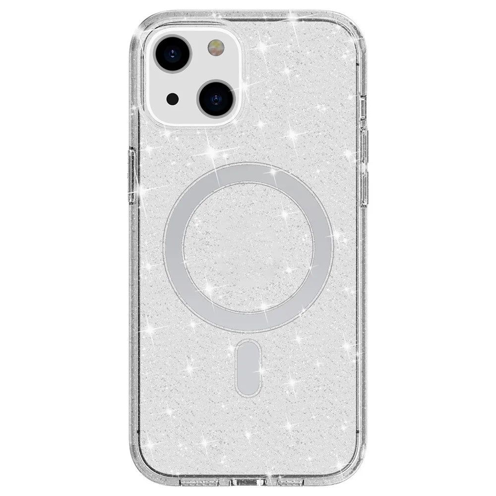 For iPhone 14 Plus TPU+PC Phone Protective Case Glitter Magnetic Anti-Scratch Back Cover Compatible with MagSafe Charger - White - 1