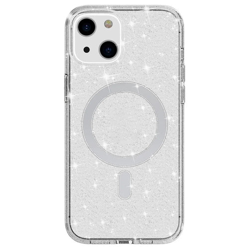 For iPhone 14 Plus TPU+PC Phone Protective Case Glitter Magnetic Anti-Scratch Back Cover Compatible with MagSafe Charger - White - 1