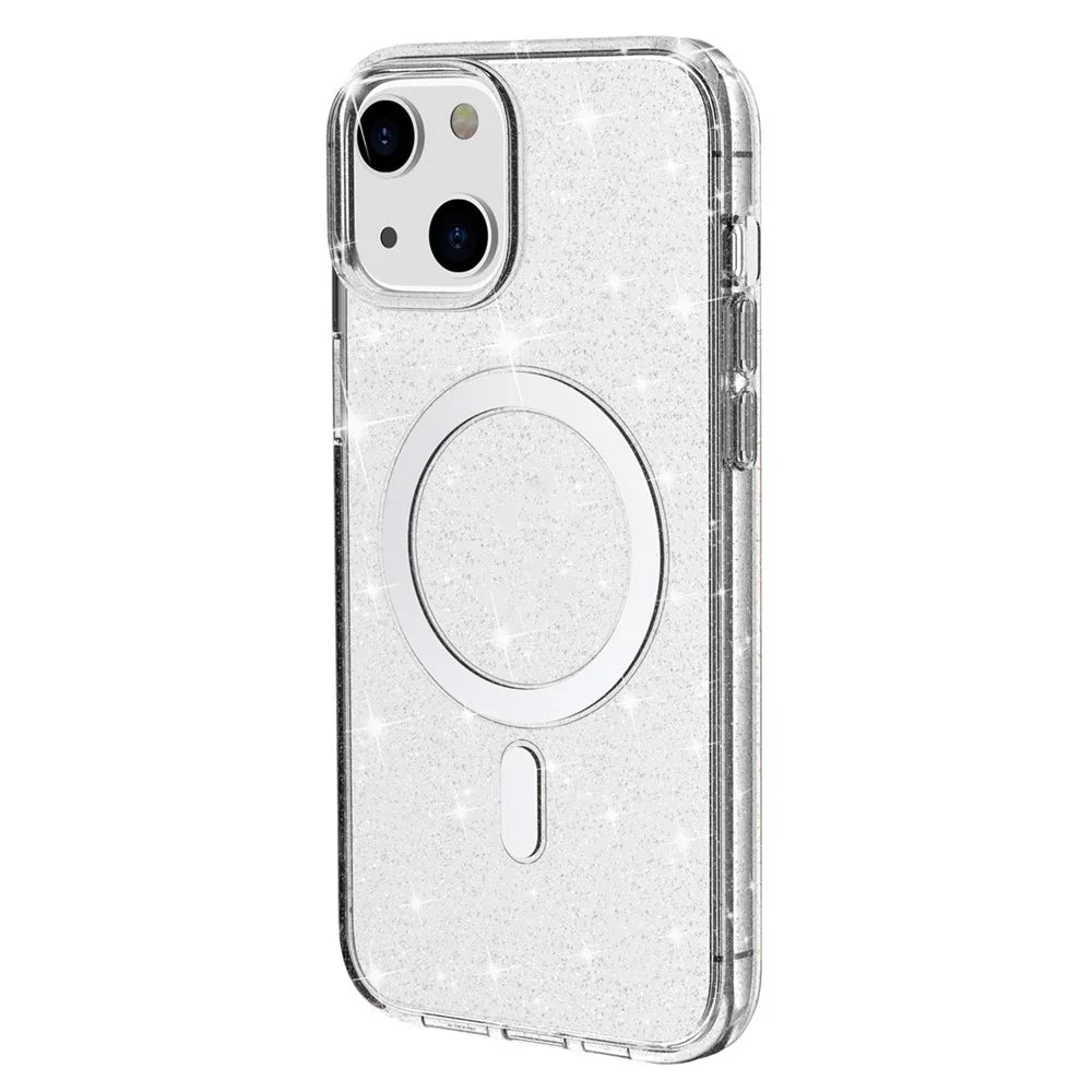 For iPhone 14 Plus TPU+PC Phone Protective Case Glitter Magnetic Anti-Scratch Back Cover Compatible with MagSafe Charger - White - 2