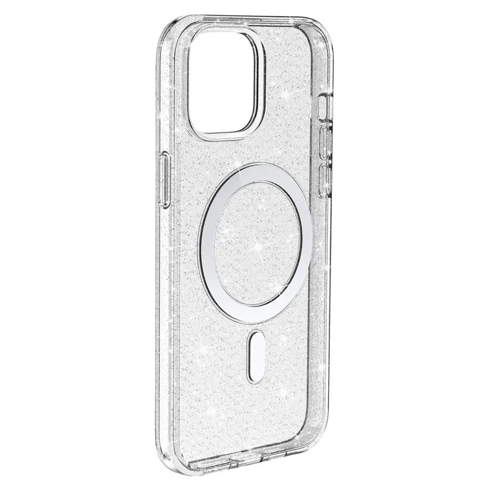 For iPhone 14 Plus TPU+PC Phone Protective Case Glitter Magnetic Anti-Scratch Back Cover Compatible with MagSafe Charger - White - 3