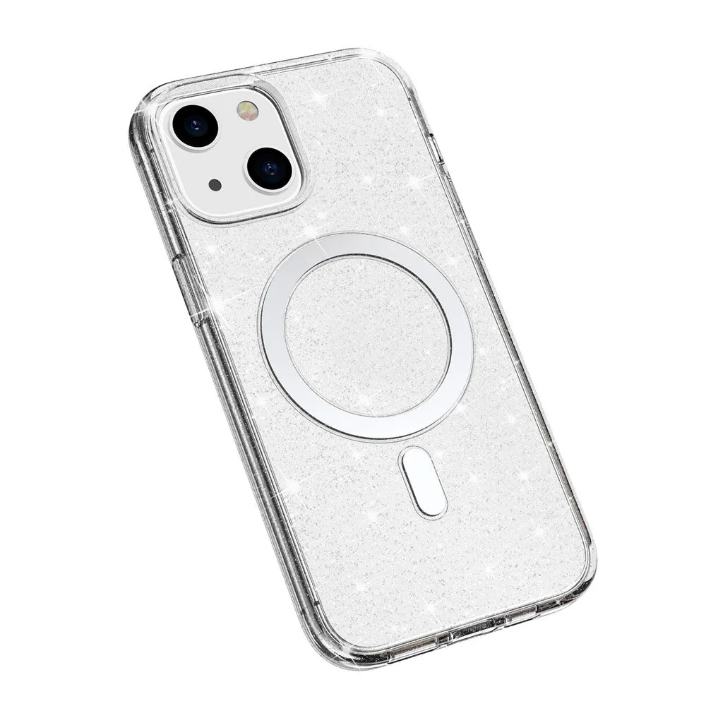For iPhone 14 Plus TPU+PC Phone Protective Case Glitter Magnetic Anti-Scratch Back Cover Compatible with MagSafe Charger - White - 5