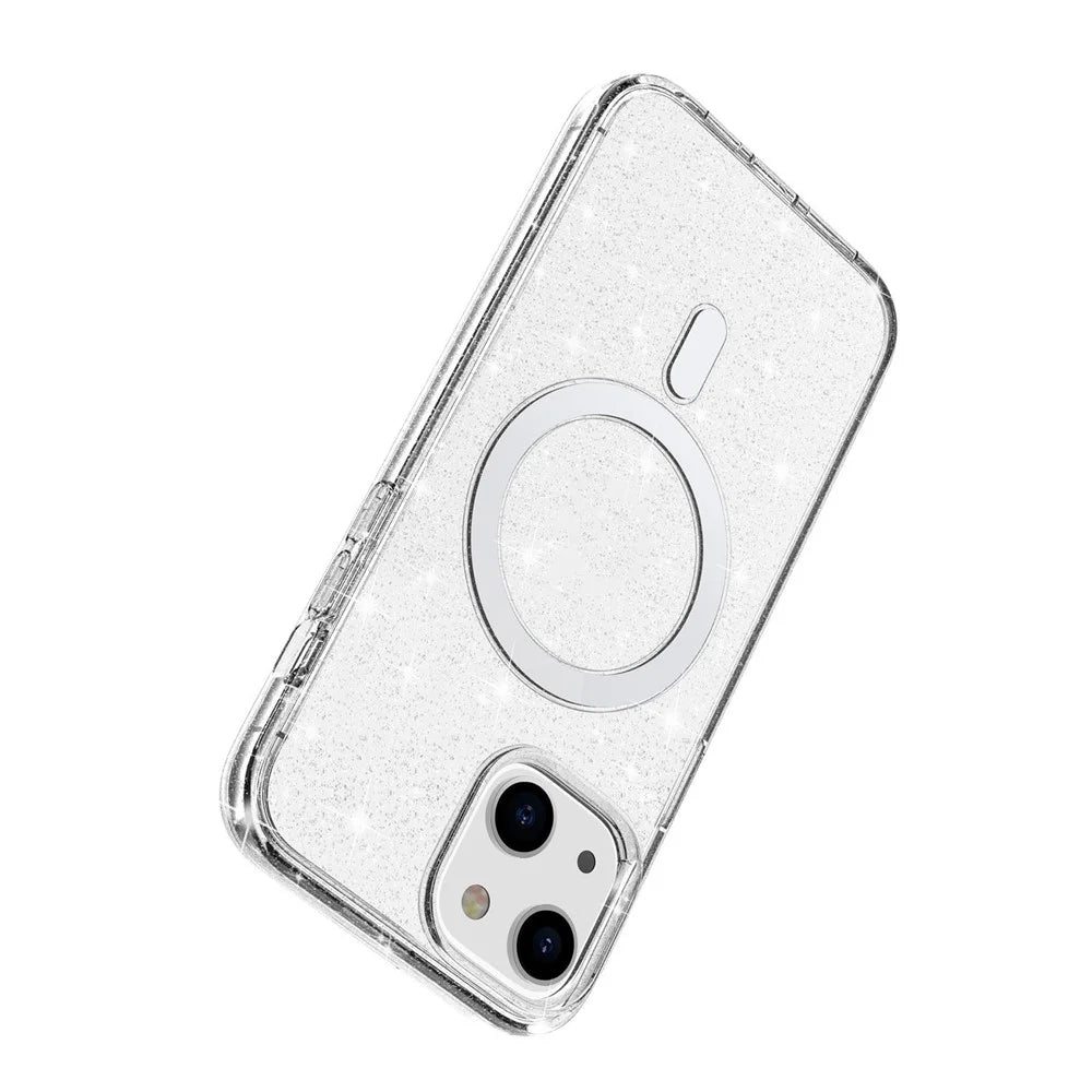For iPhone 14 Plus TPU+PC Phone Protective Case Glitter Magnetic Anti-Scratch Back Cover Compatible with MagSafe Charger - White - 6