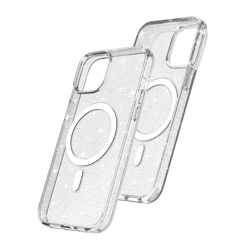 For iPhone 14 Plus TPU+PC Phone Protective Case Glitter Magnetic Anti-Scratch Back Cover Compatible with MagSafe Charger - White - 7
