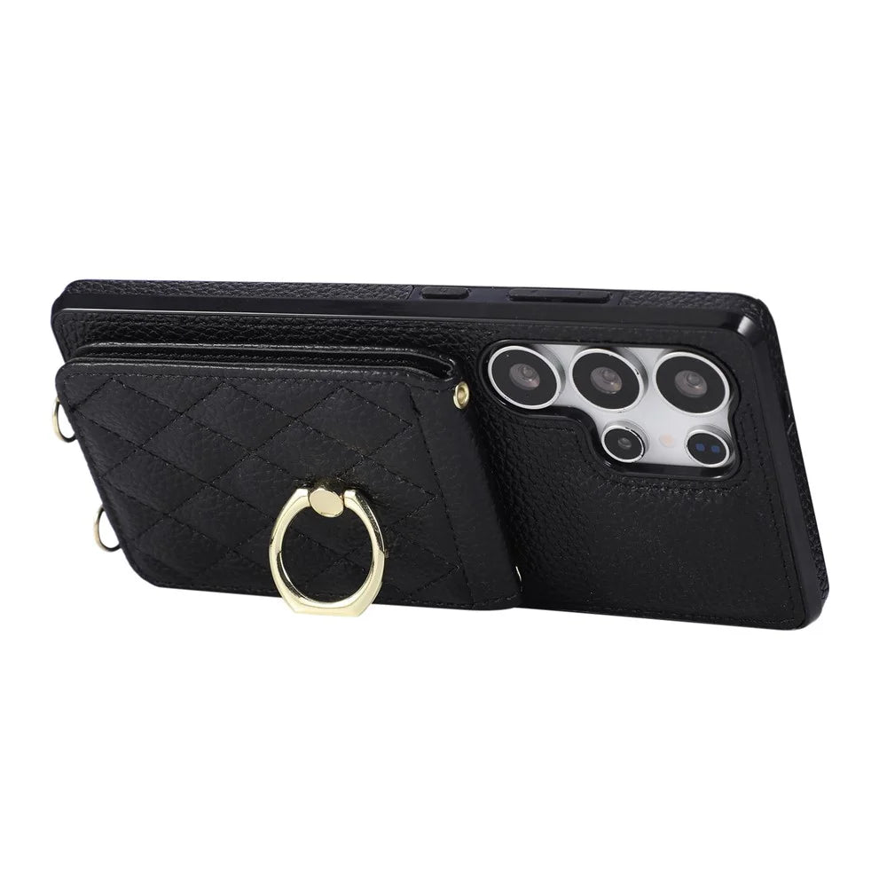 For Samsung Galaxy S25 Ultra Case Kickstand Rhombus Leather + TPU Phone Cover with Shoulder Strap - Black - 2