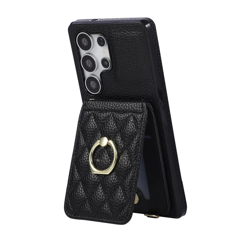 For Samsung Galaxy S25 Ultra Case Kickstand Rhombus Leather + TPU Phone Cover with Shoulder Strap - Black - 3