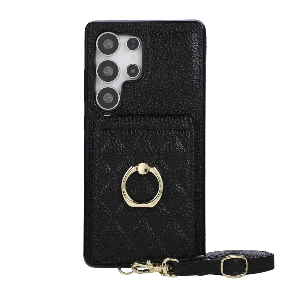 For Samsung Galaxy S25 Ultra Case Kickstand Rhombus Leather + TPU Phone Cover with Shoulder Strap - Black - 4