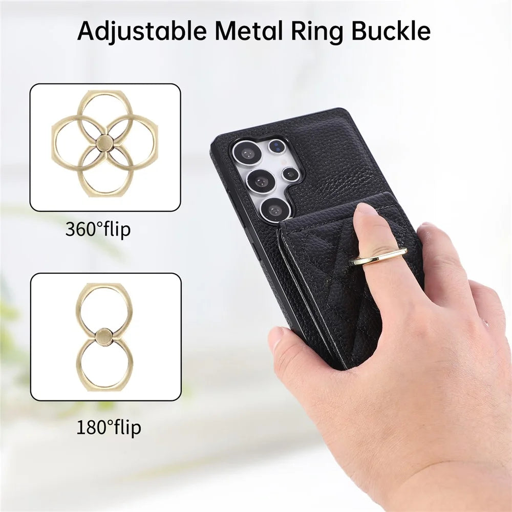 For Samsung Galaxy S25 Ultra Case Kickstand Rhombus Leather + TPU Phone Cover with Shoulder Strap - Black - 5