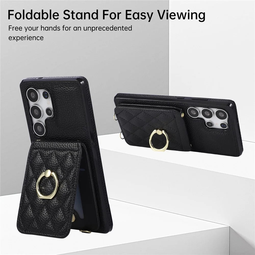 For Samsung Galaxy S25 Ultra Case Kickstand Rhombus Leather + TPU Phone Cover with Shoulder Strap - Black - 7