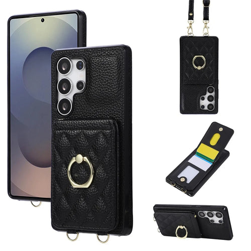 For Samsung Galaxy S26 Ultra Case Kickstand Rhombus Leather + TPU Phone Cover with Shoulder Strap - Black - 1