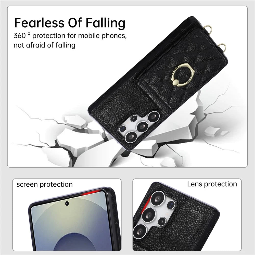 For Samsung Galaxy S26 Ultra Case Kickstand Rhombus Leather + TPU Phone Cover with Shoulder Strap - Black - 6