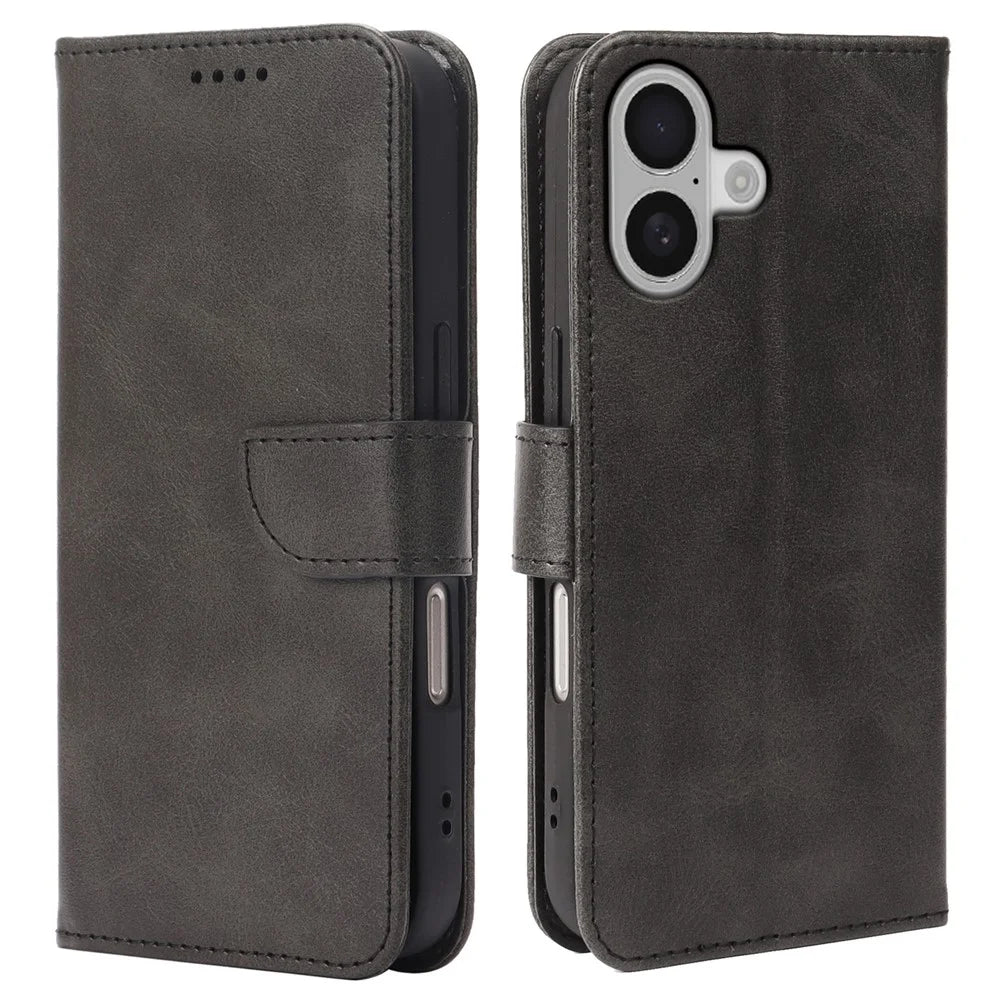 For iPhone 17 Case Wallet Stand Magnetic Clasp Closure Calf Texture Leather Phone Cover - Black - 1