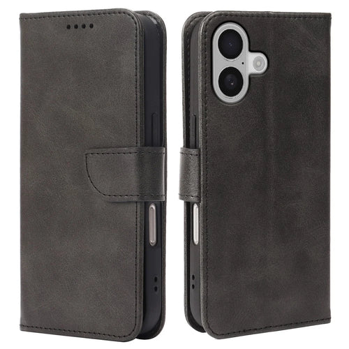 For iPhone 17 Case Wallet Stand Magnetic Clasp Closure Calf Texture Leather Phone Cover - Black - 1