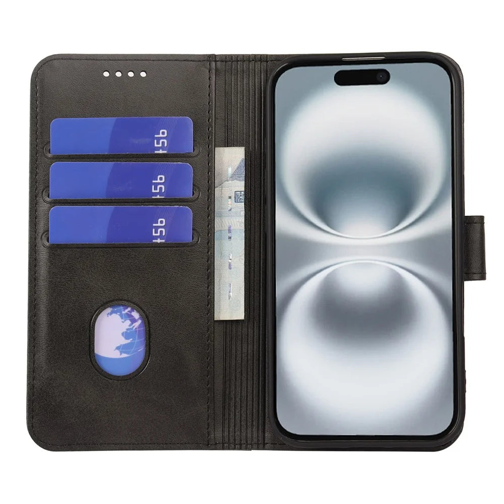 For iPhone 17 Case Wallet Stand Magnetic Clasp Closure Calf Texture Leather Phone Cover - Black - 2