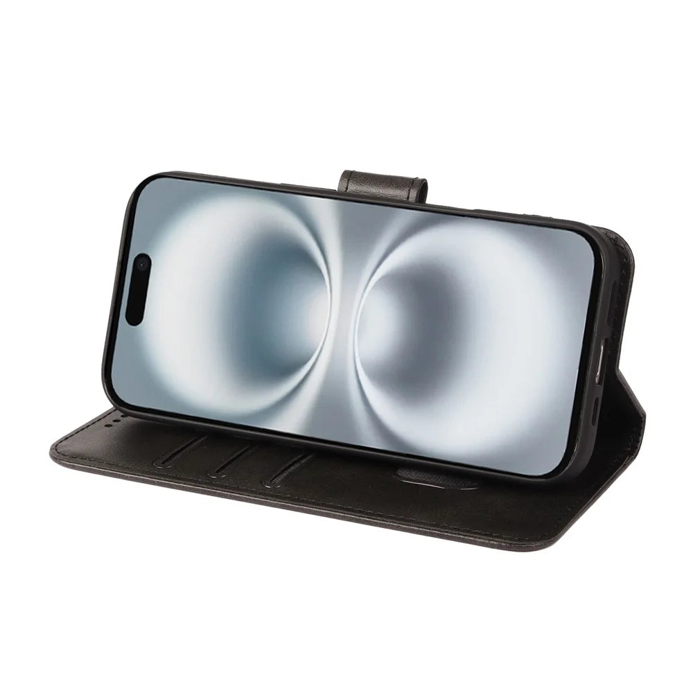 For iPhone 17 Case Wallet Stand Magnetic Clasp Closure Calf Texture Leather Phone Cover - Black - 3