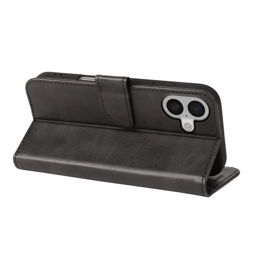 For iPhone 17 Case Wallet Stand Magnetic Clasp Closure Calf Texture Leather Phone Cover - Black - 4