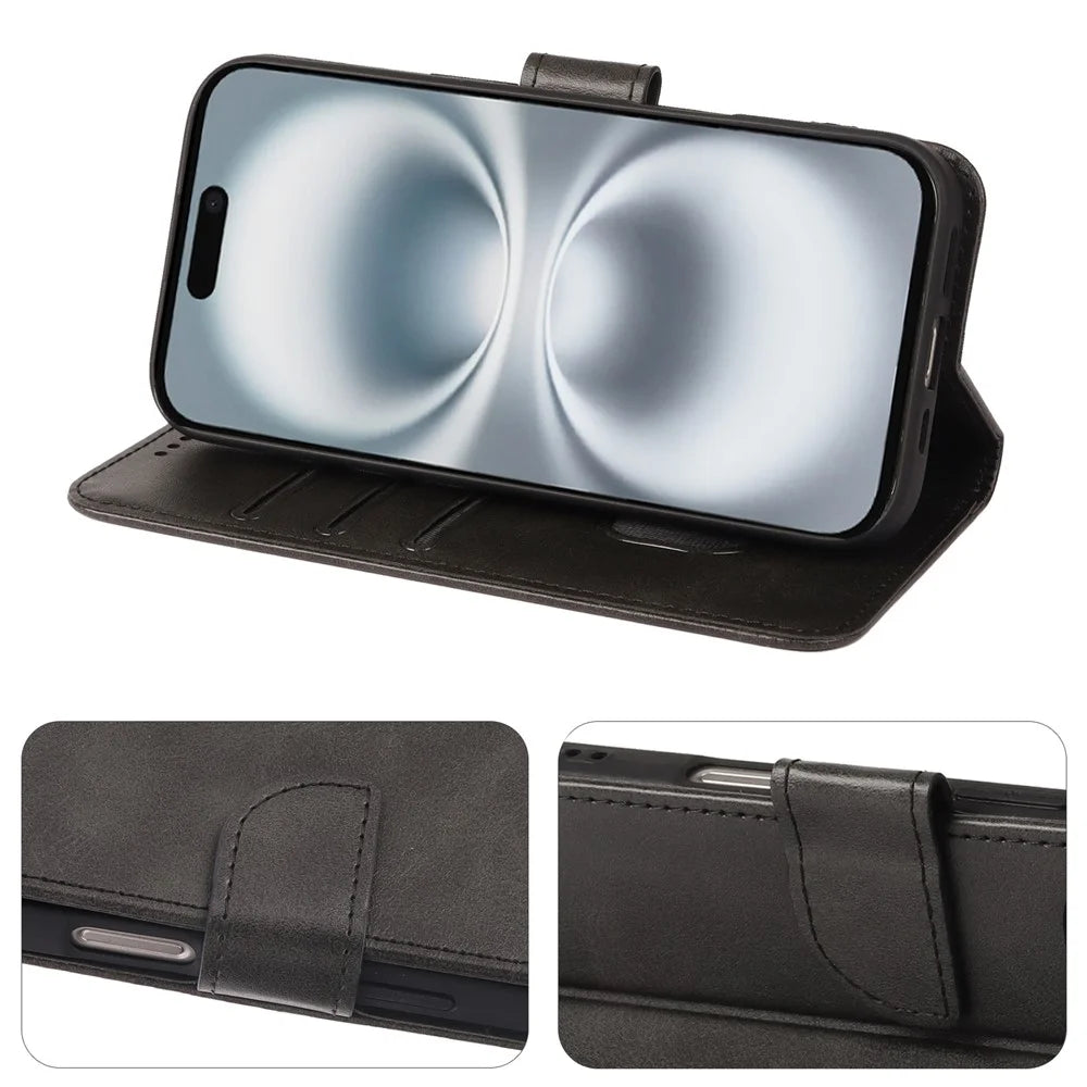 For iPhone 17 Case Wallet Stand Magnetic Clasp Closure Calf Texture Leather Phone Cover - Black - 6
