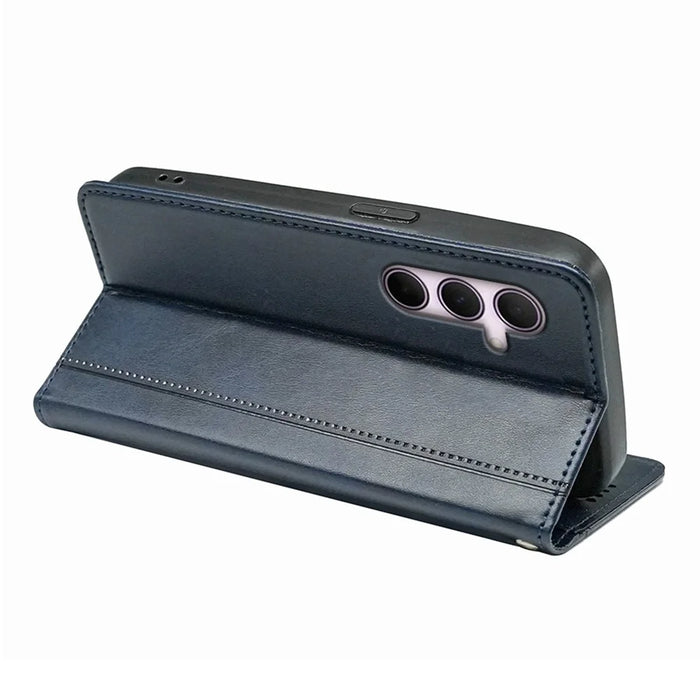 For Samsung Galaxy S26+ Case Hidden Magnetic Closure Calf Texture Leather Phone Cover - Blue - 4