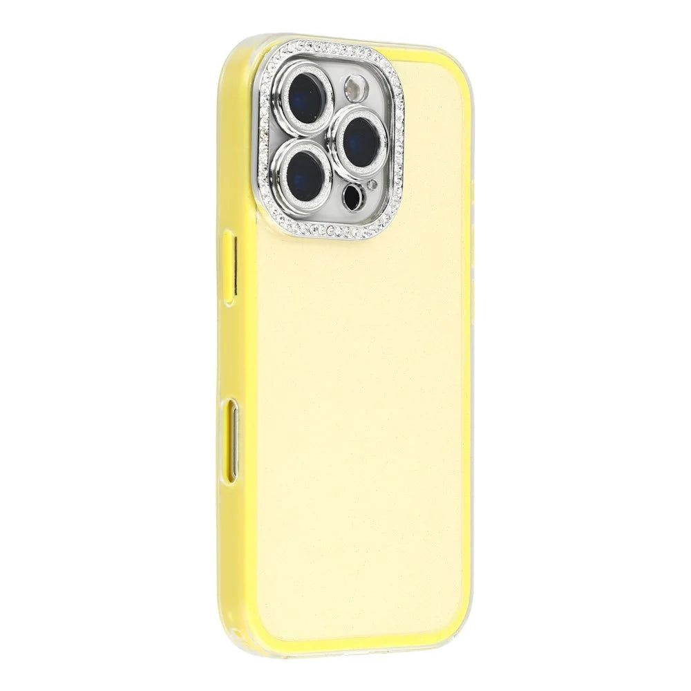 For iPhone 16 Pro Case IMD Glitter Acrylic + TPU Phone Cover with Rhinestones Acrylic Camera Lens Protector - Yellow - 1