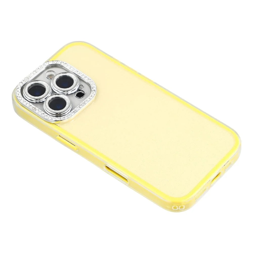 For iPhone 16 Pro Case IMD Glitter Acrylic + TPU Phone Cover with Rhinestones Acrylic Camera Lens Protector - Yellow - 4