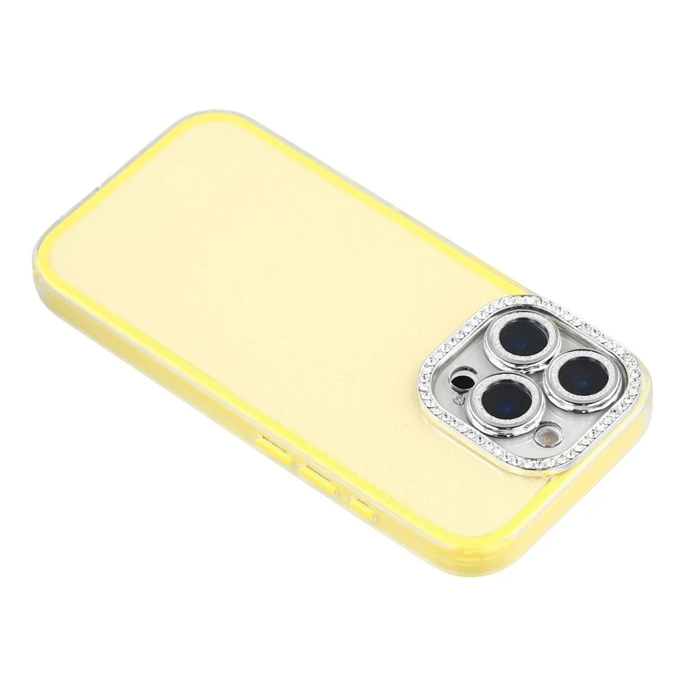 For iPhone 16 Pro Case IMD Glitter Acrylic + TPU Phone Cover with Rhinestones Acrylic Camera Lens Protector - Yellow - 5